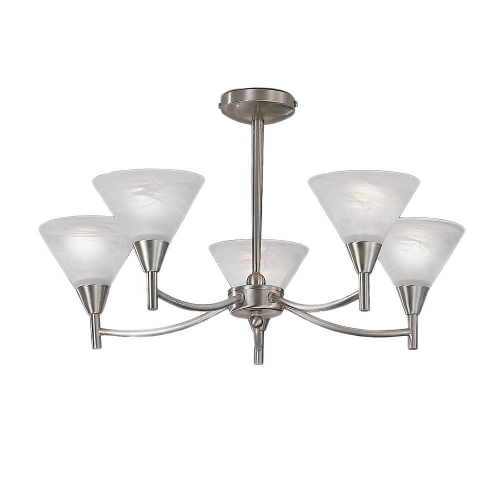 Compact 5 Arm Semi Flush Low Ceiling Light Satin Nickel Glass Shades