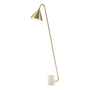 Franklite Paisley modern dimmable floor lamp in satin brass with white marble base, on white background.
