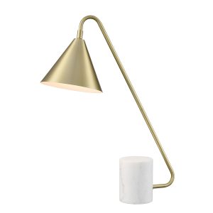 Franklite Paisley modern dimmable table lamp in satin brass with white marble base, on white background.