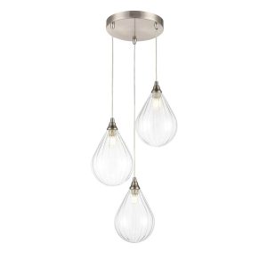 Franklite Perry 3 light pendant with clear teardrop glass shades in satin nickel.