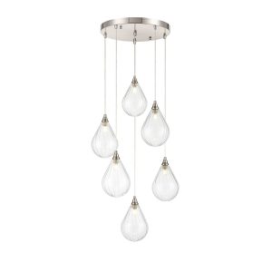 Franklite Perry 6 light pendant with clear teardrop glass shades in satin nickel.