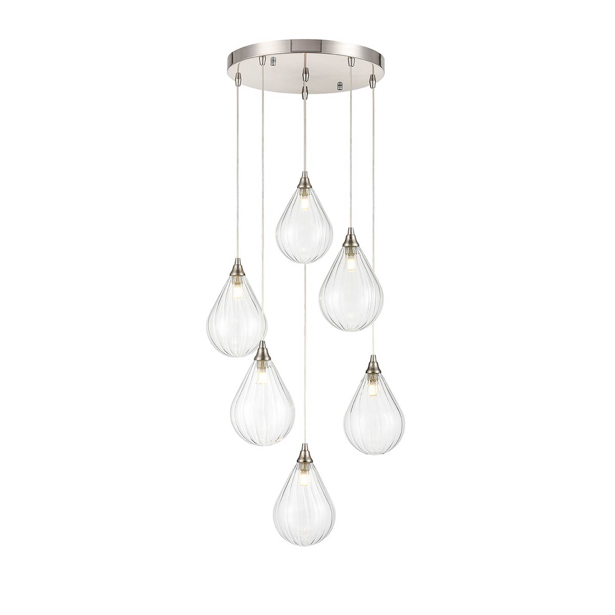 Perry 6 Light Pendant with Teardrop Glass Shades in Satin Nickel
