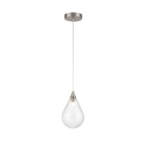 Franklite Perry single light pendant with small clear glass teardrop shade in satin nickel.
