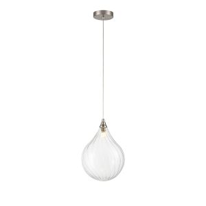 Franklite Perry single light pendant with 20cm diameter clear glass teardrop shade in satin nickel.