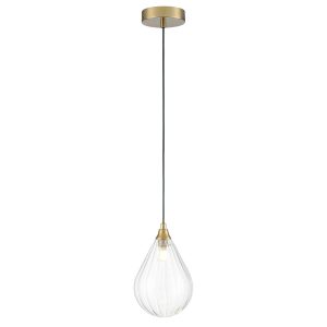 Franklite Perry single light pendant with small clear glass teardrop shade in aged brass.