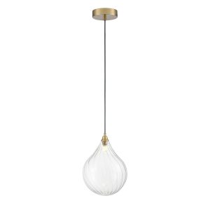 Franklite Perry single light pendant with 20cm diameter clear glass teardrop shade in aged brass.