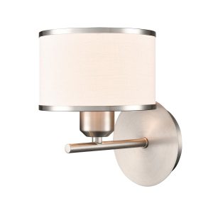 Franklite Polaris single wall light in satin nickel, on white background, lit.