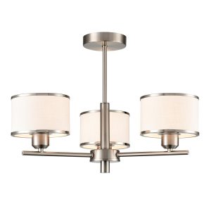 Franklite Polaris 3 light semi flush ceiling light in satin nickel, on white background, lit.