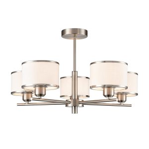 Franklite Polaris 5 light semi flush ceiling light in satin nickel, on white background, lit.