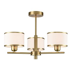 Franklite Polaris 3 light aged brass semi flush ceiling light, on white background, lit.