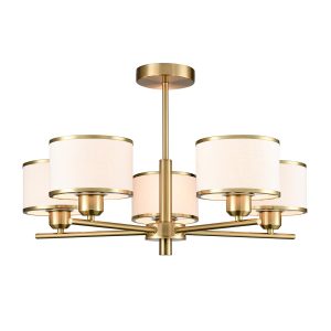 Franklite Polaris 5 light aged brass semi flush ceiling light, on white background, lit.