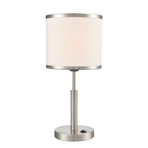 Franklite Polaris small satin nickel table lamp with off-white textured fabric shade, on white background, lit.