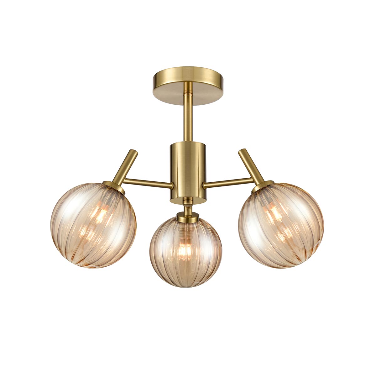 Quasar 3 Light Semi Flush in Aged Brass with Amber Glass Shades