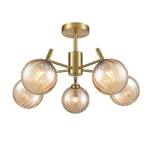 Franklite Quasar 5 light aged brass semi flush ceiling light, on white background.