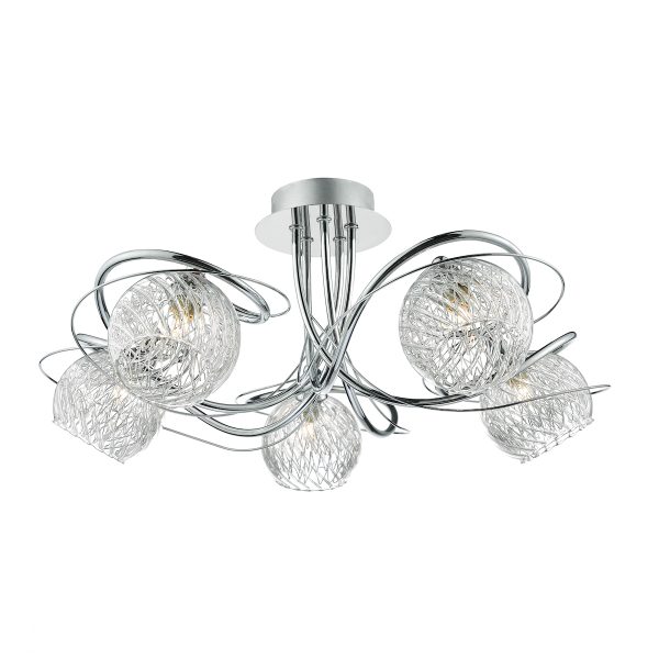 Dar Rehan polished chrome 5 light semi flush with rippled glass, shown lit on white background.
