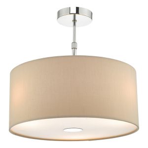 Dar Ronda 40cm ecru drum shade 3 light pendant with diffuser shown lit, extended and on a white background.