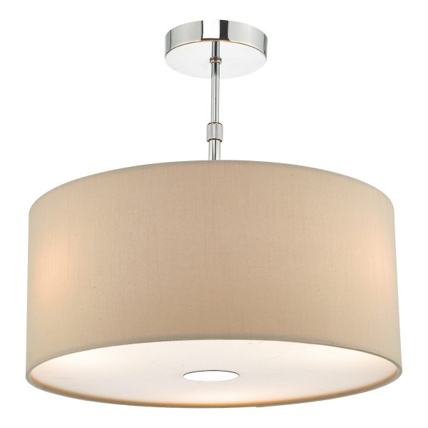 Dar Ronda 40cm ecru drum shade 3 light pendant with diffuser shown lit, extended and on a white background.