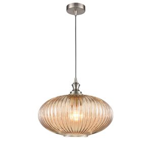 Classic 30cm amber ribbed glass pendant light in satin nickel finish by Franklite, on white background.