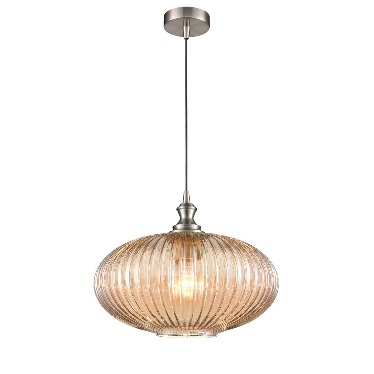 Classic 30cm Amber Ribbed Glass Pendant Light Satin Nickel