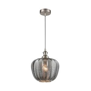 Classic 23cm smoked chevron glass pendant light in satin nickel finish by Franklite, on white background.