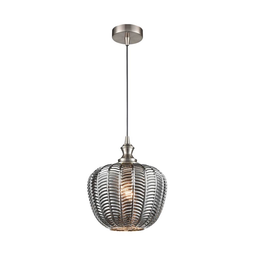 Classic 23cm Smoked Chevron Glass Pendant Light Satin Nickel