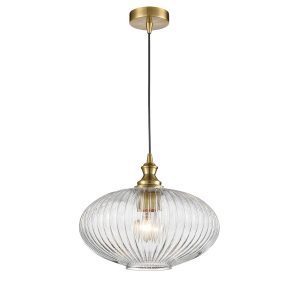 Classic 24cm clear ribbed glass pendant light in aged brass finish by Franklite, on white background.