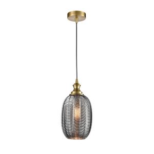 Classic 18cm smoked chevron glass pendant light in aged brass finish by Franklite, on white background.