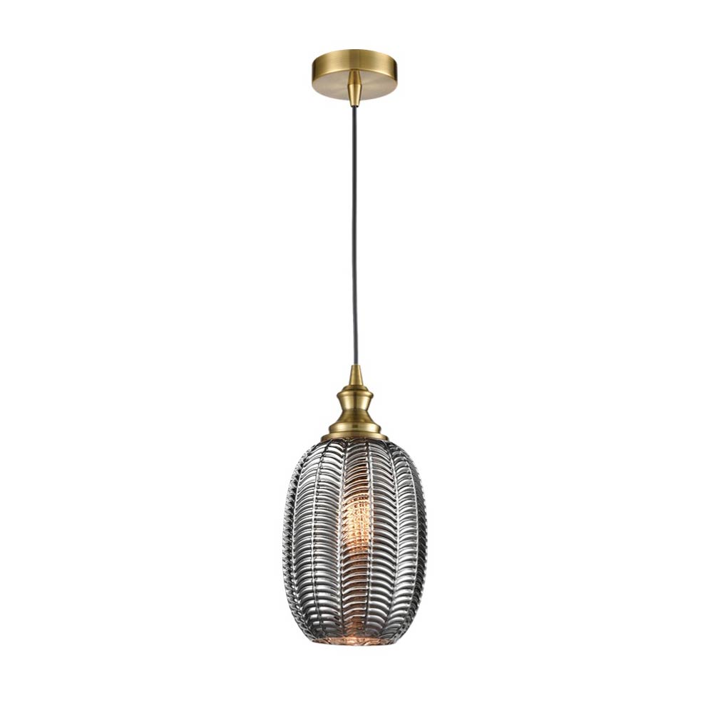 Classic 18cm Smoked Chevron Glass Pendant Light Aged Brass