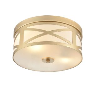 Small Franklite Ringo 2 light flush ceiling light in gold with opal glass, on white background, lit.