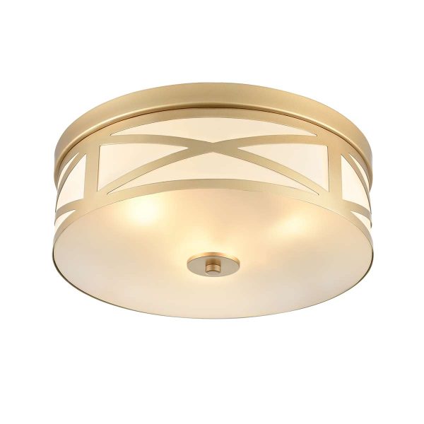 Large Franklite Ringo 3 light flush ceiling light in gold with opal glass, on white background, lit.