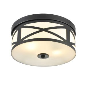 Small Franklite Ringo 2 light matt black flush ceiling light with opal glass, on white background, lit.