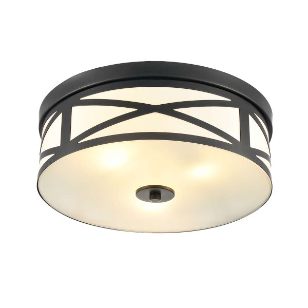 Large Franklite Ringo 3 light matt black flush ceiling light with opal glass, on white background, lit.
