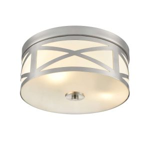 Small Franklite Ringo 2 light satin nickel flush ceiling light with opal glass, on white background, lit.