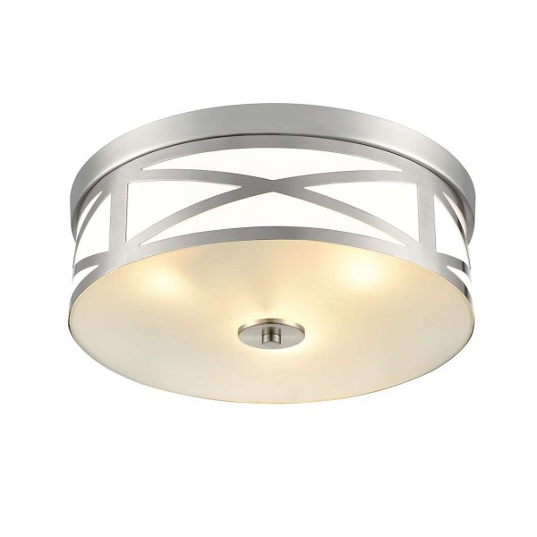 Large Franklite Ringo 3 light satin nickel flush ceiling light with opal glass, on white background, lit.