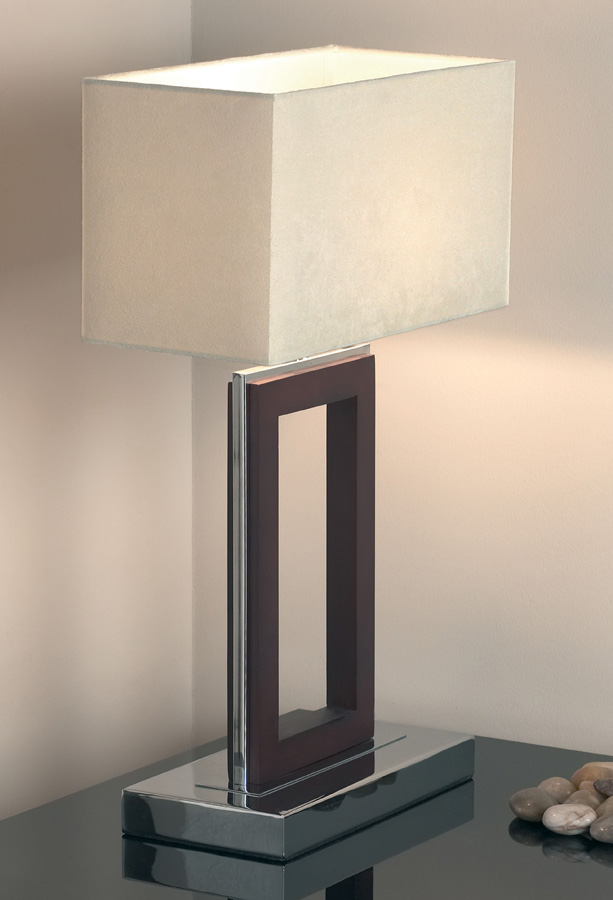 Chrome Dark Wood Table Lamp With White Shade