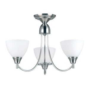 Alton traditional satin chrome 3 light dual mount ceiling light, shown semi-flush on a white background.