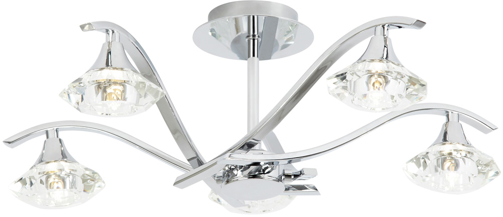 Langella Modern Chrome 5 Light Semi Flush Cut Glass Shades