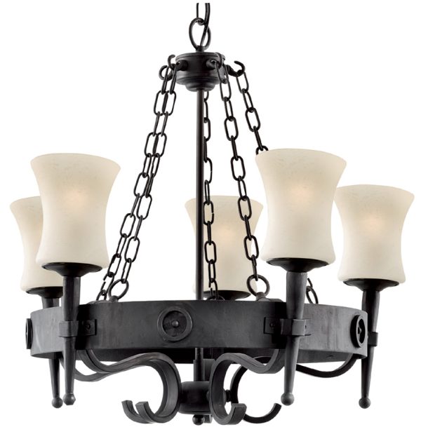Gothic Cartwheel Wrought Iron 5 Lamp Ceiling Light