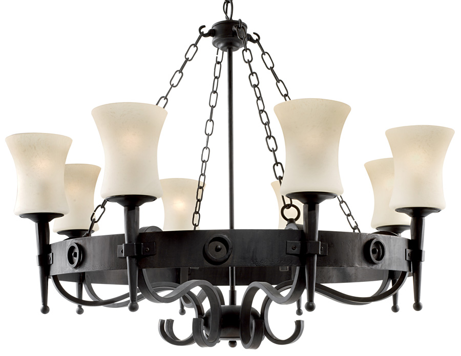 Gothic Cartwheel Wrought Iron 8 Lamp Ceiling Light