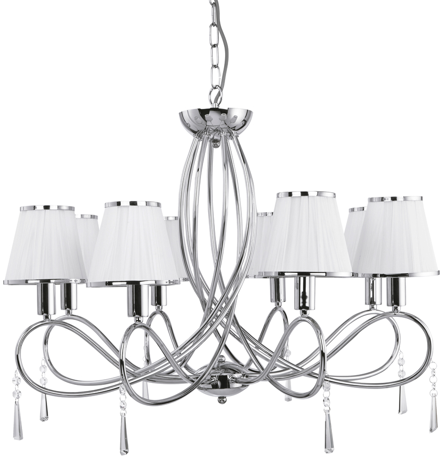 Simplicity Polished Chrome 8 Light Chandelier Glass Drops White Shades