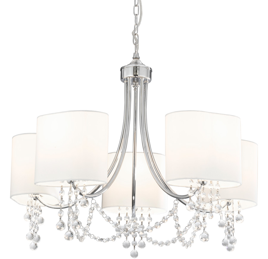 Nina Polished Chrome 5 Light Chandelier White Shades Crystal