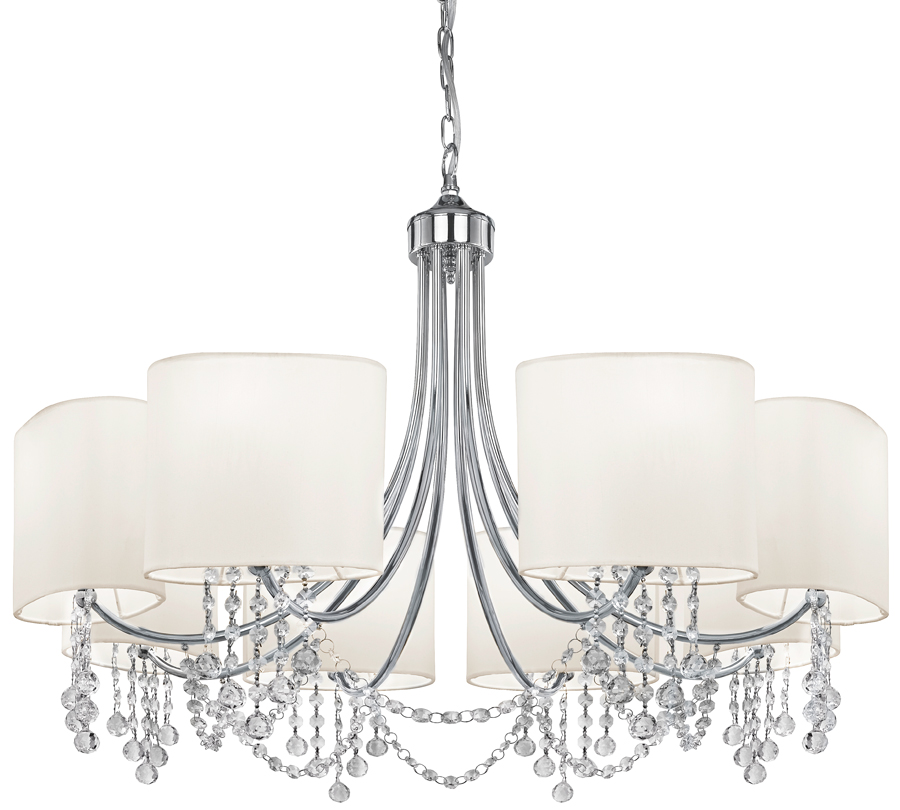 Nina Polished Chrome 8 Light Chandelier White Shades Crystal