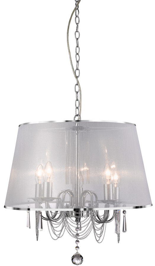 Chrome 5 Lamp White Voile Crystal Pendant Light