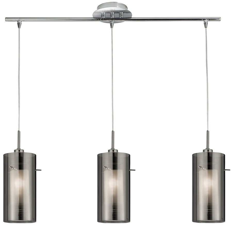 Duo 2 Polished Chrome 3 Light Bar Pendant Smoked Glass Shades