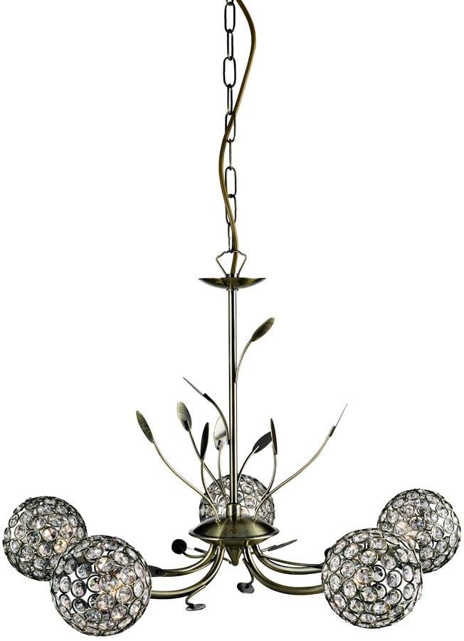 Bellis II Antique Brass 5 Light Chandelier With Clear Glass Shades
