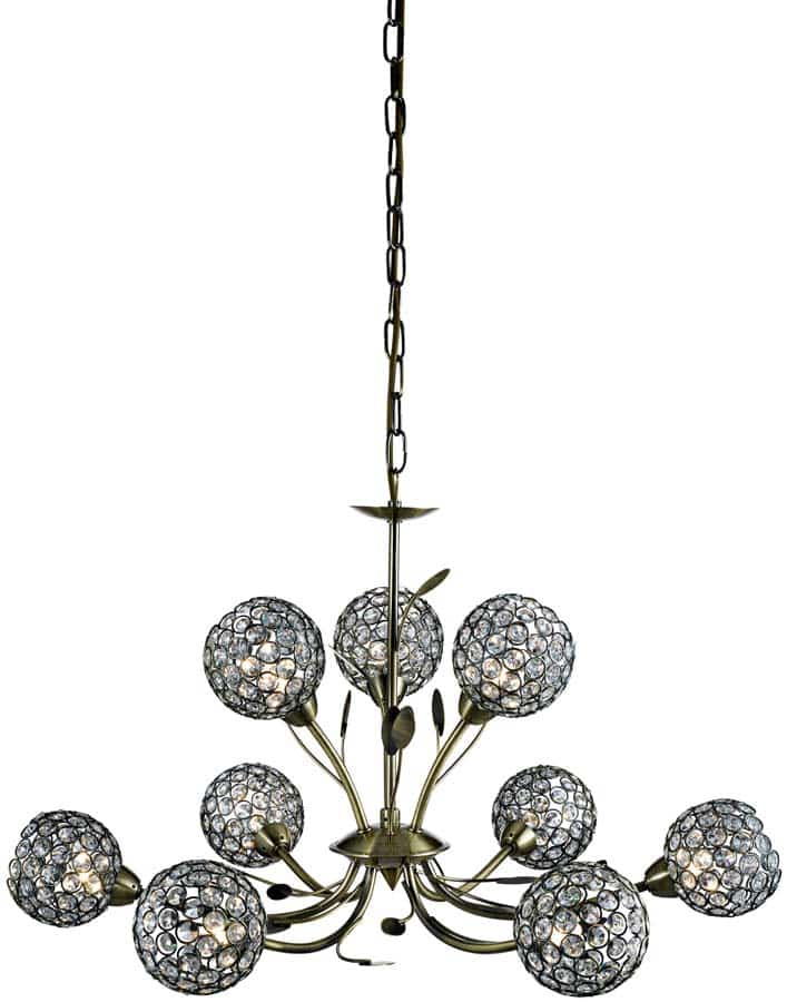 Bellis II Antique Brass 9 Light Chandelier With Clear Glass Shades