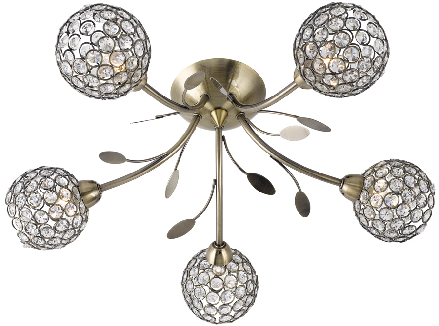 Bellis II Antique Brass 5 Light Semi Flush With Clear Glass Shades