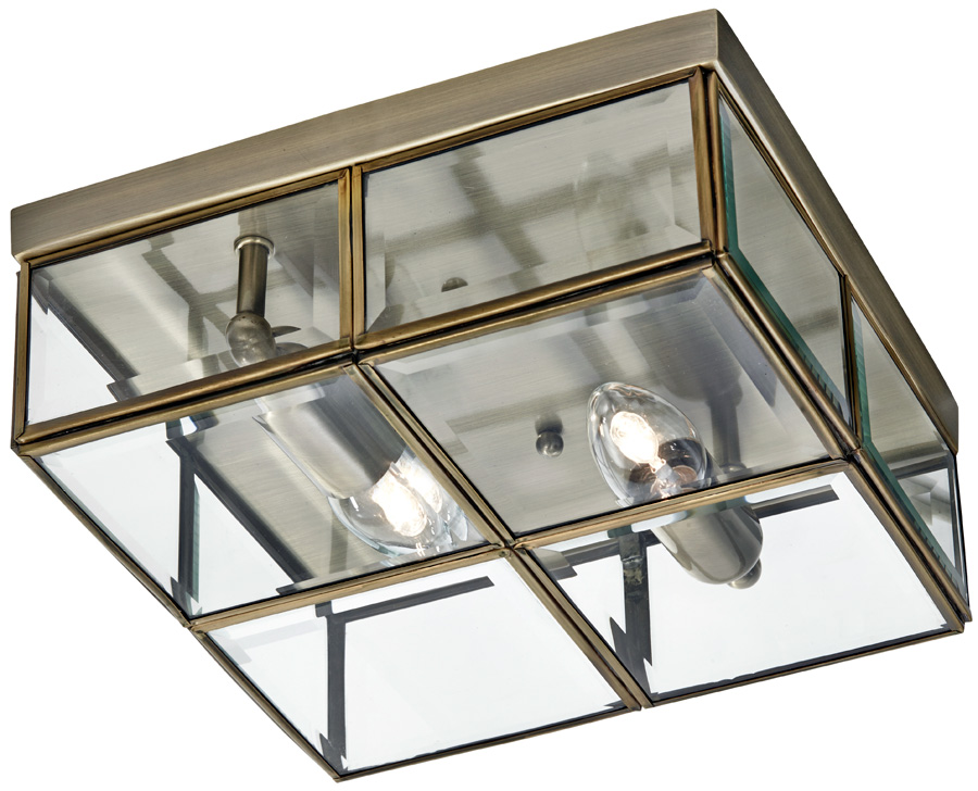 Box Flush 2 Light Ceiling Light Antique Brass Bevelled Glass