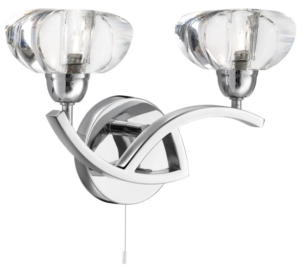 Sculptured Ice Polished Chrome 2 Light Pull Switch Wall Light Glass Shades