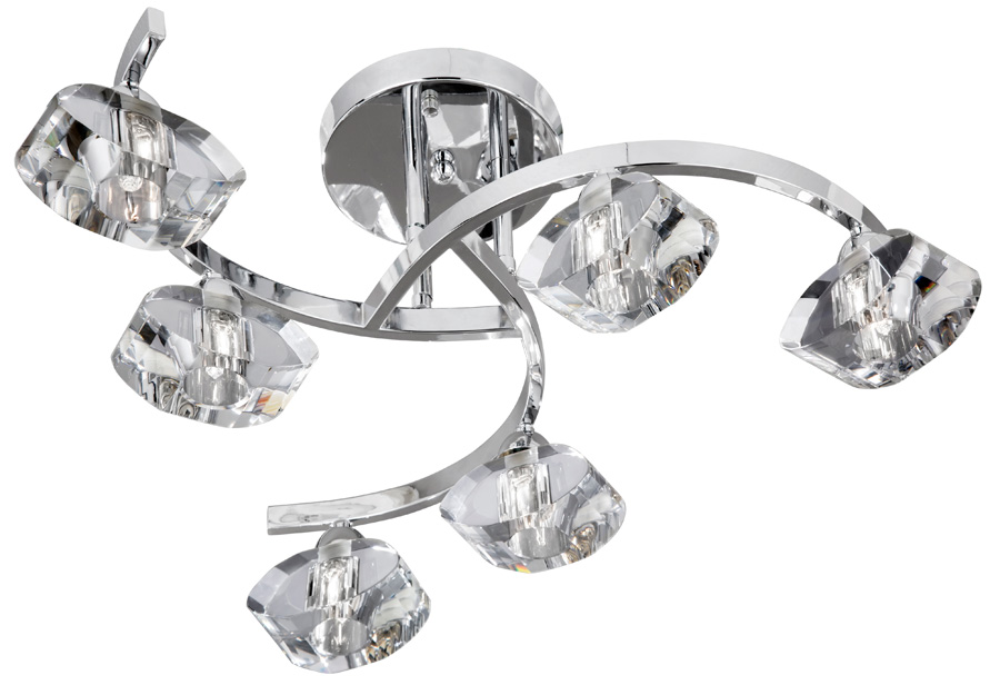 Sculptured Ice Polished Chrome 6 Light Semi Flush With Curved Arms